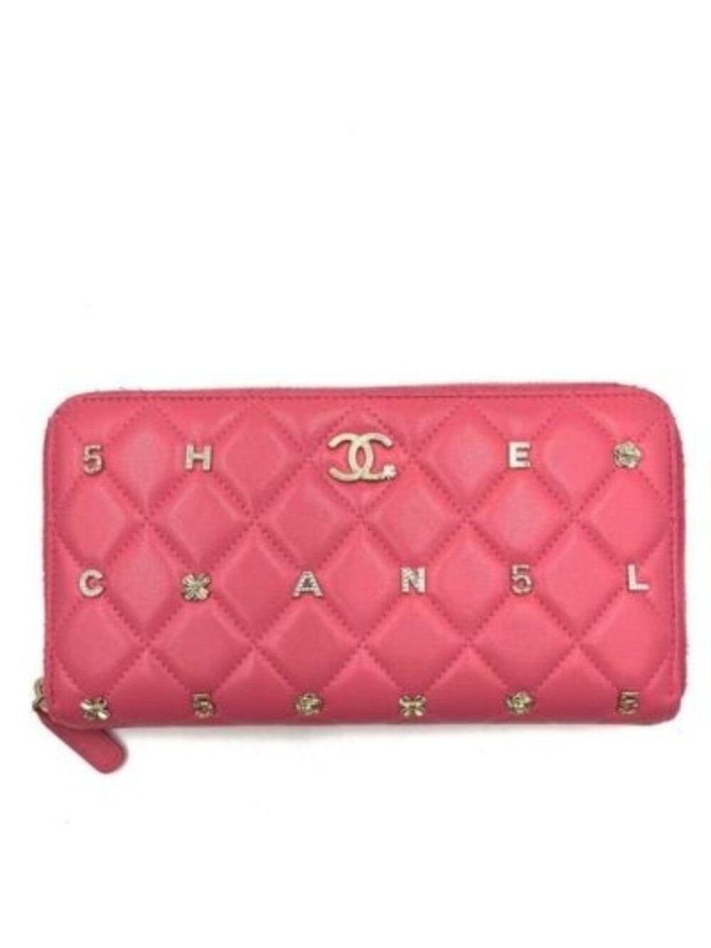 Chanel Pink Lambskin Rhinestone Quilted Long Wallet Lucky Charm Camellia